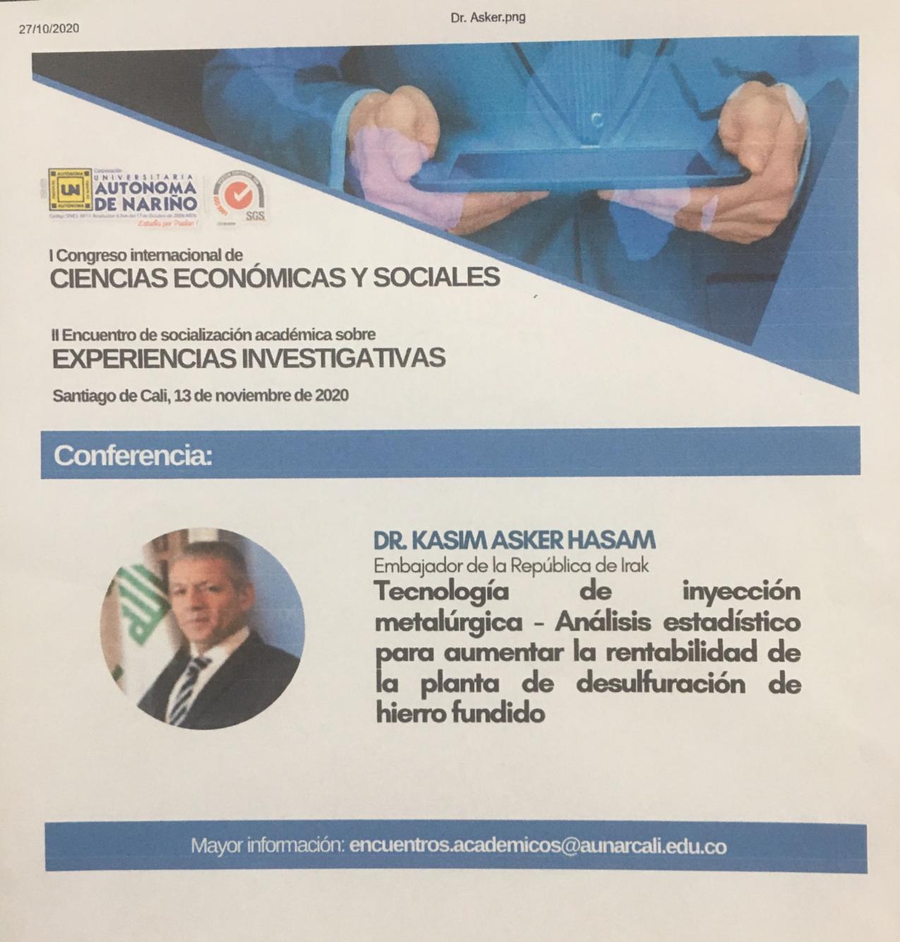 Embajador Kasim Asker Hasan estará presente en I Congreso Internacional de Ciencias Económicas y Sociales en Cali