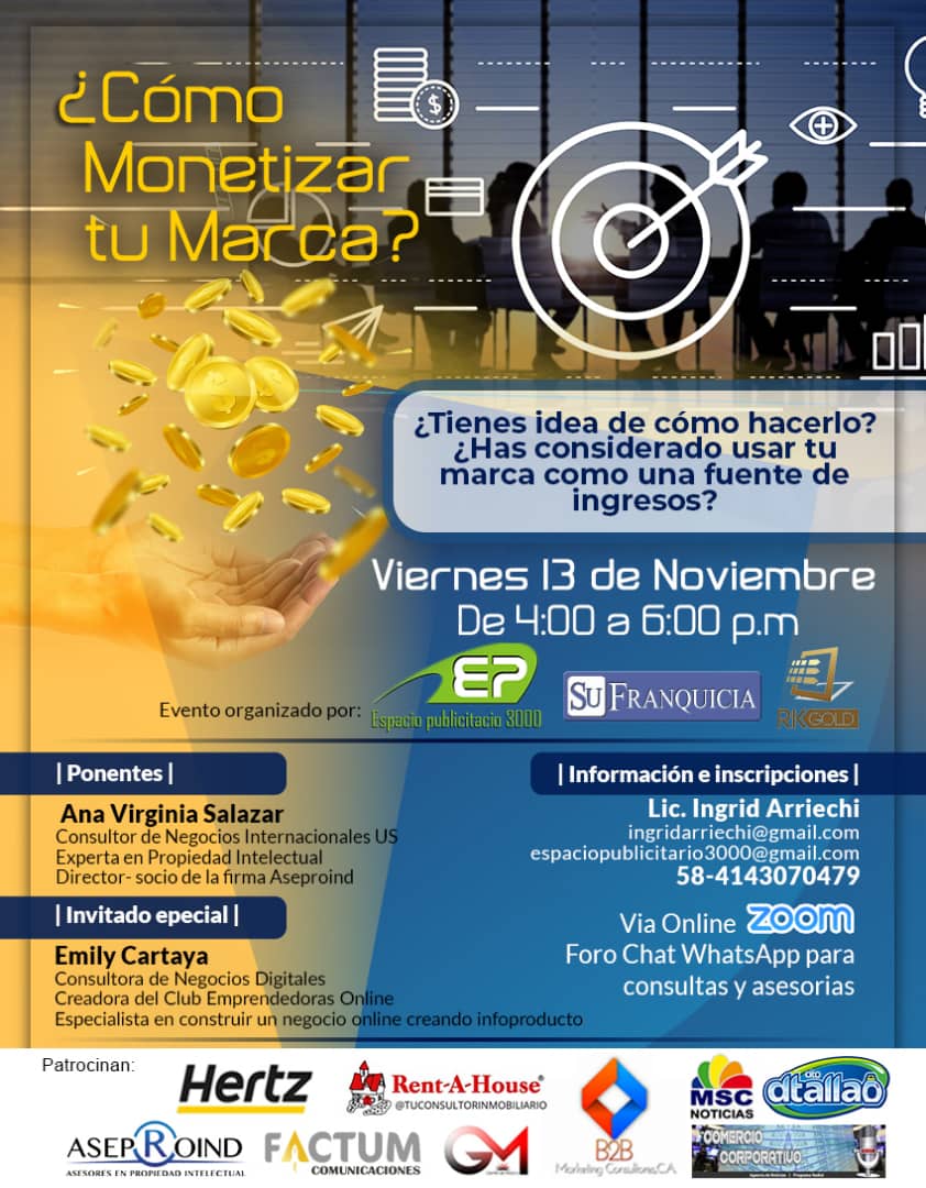 Este próximo 13 de Noviembre de 2020  Taller online ¿Cómo monetizar tu Marca?