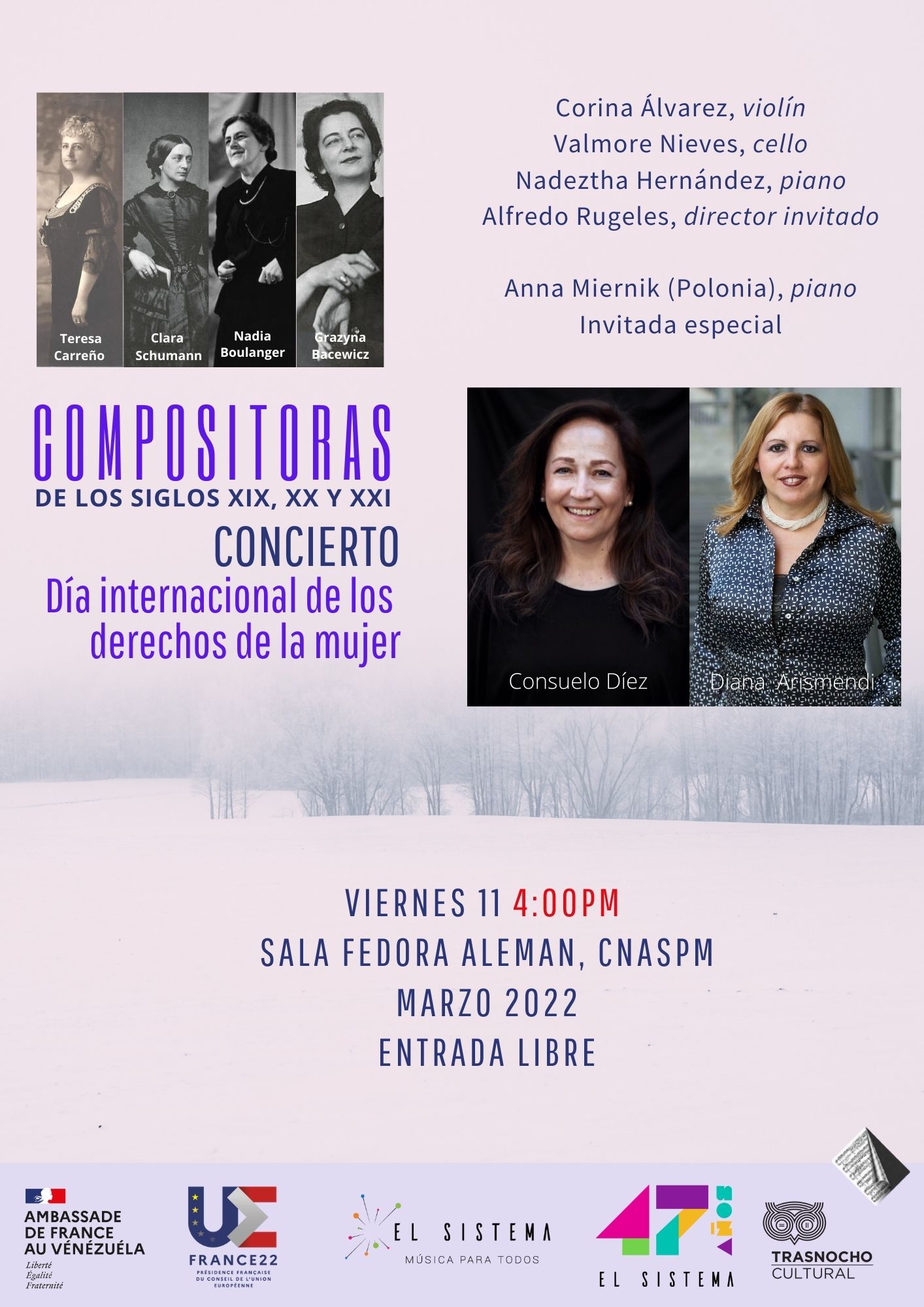 La Embajada de Francia en Venezuela presenta conciertos de  Compositoras de los siglos XIX, XX y XXI  para conmemorar el día internacional de los derechos las mujeres