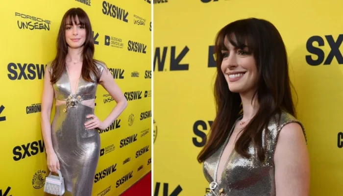 Anne Hathaway impacta con un traje plateado brillante en el estreno de ‘WeCrashed’