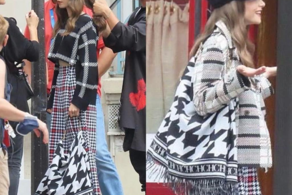 LILY COLLINS PORTA UN BOLSO CH CAROLINA HERRERA EN LA GRABACIÓN DE LA 3RA TEMPORADA DE «EMILY IN PARIS