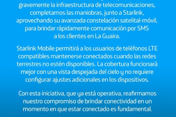Movistar implementa el servicio de Starlink Mobile para conectar a la Guaira por mensajes de texto