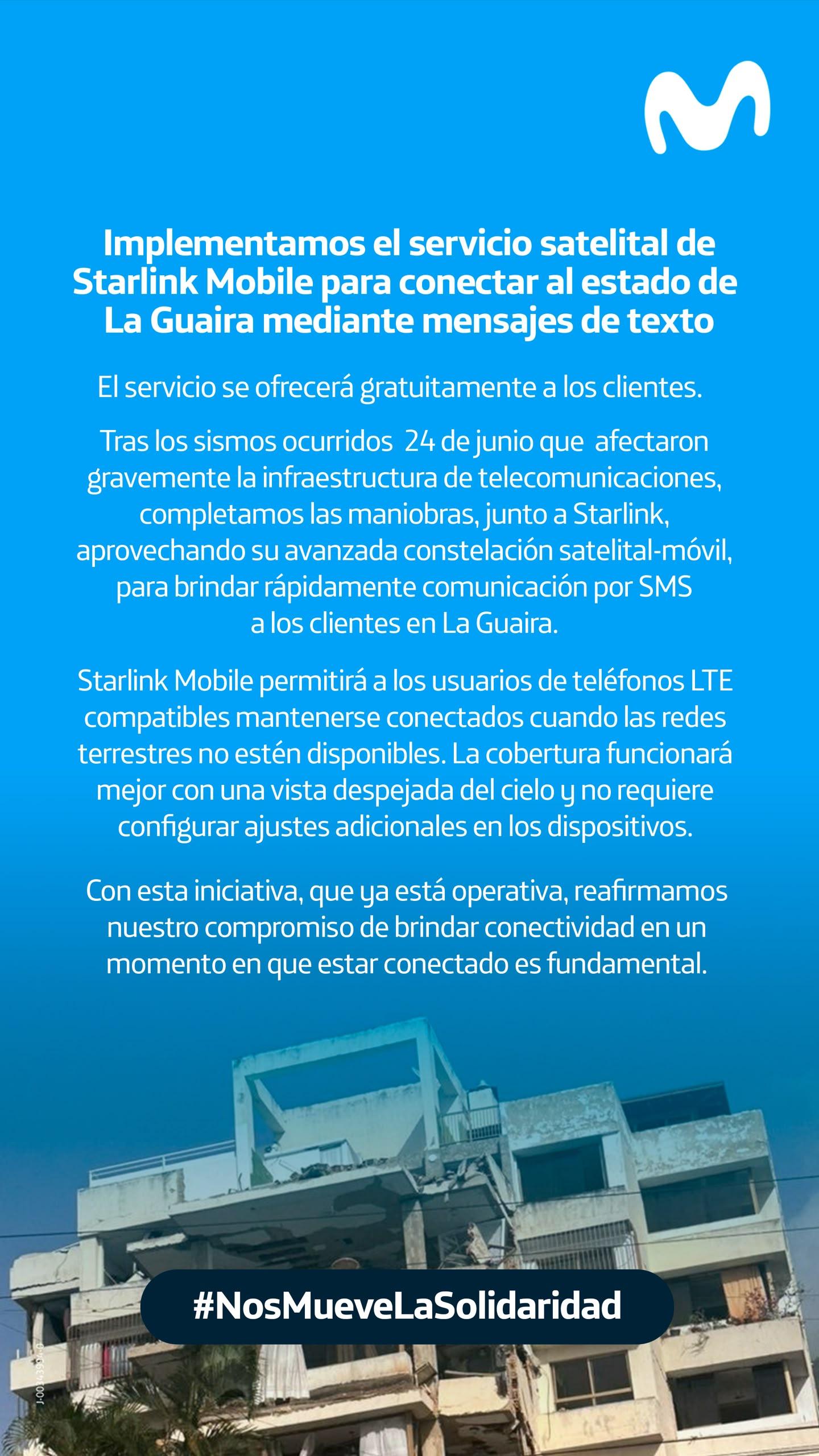Movistar implementa el servicio de Starlink Mobile para conectar a la Guaira por mensajes de texto